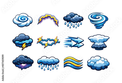 Colorful Storm Icon Set. storm patterns. Colorful isometric vector icons set of storm patterns: cloud swirl formation, lightning arc, rain cluster, storm