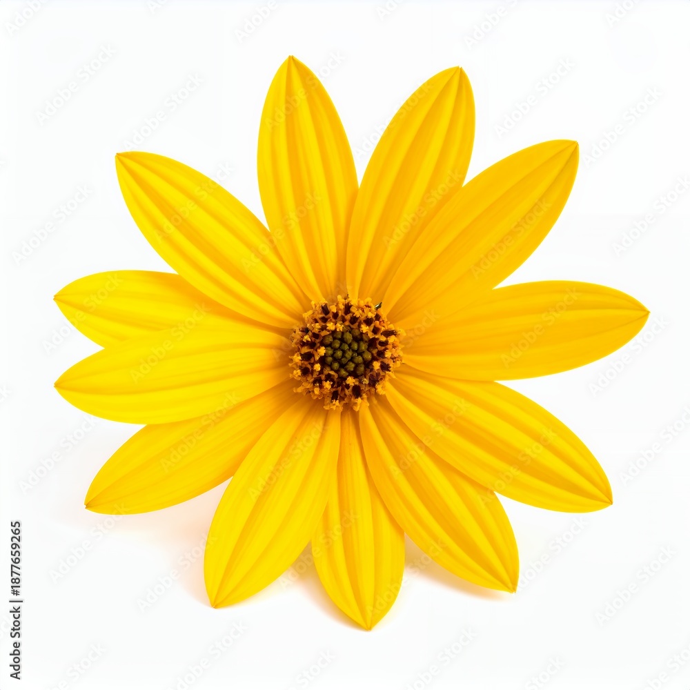 Obraz premium Radiant yellow flower blossom with delicate petals against pure white backdrop