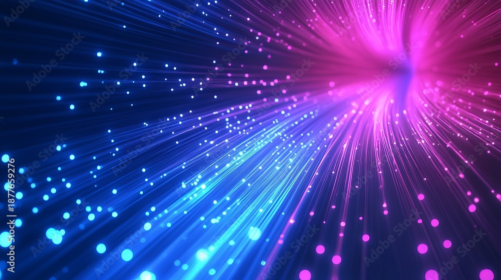 Fototapeta premium A vibrant digital illustration of colorful lights and particles radiating from a central point in a dark background