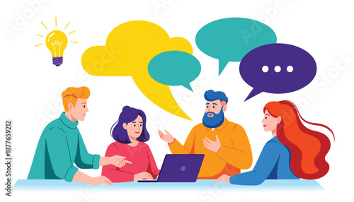 Team Collaboration Around Table – Group Discussion with Speech Bubbles and Light Bulb Idea Symbol Vector 