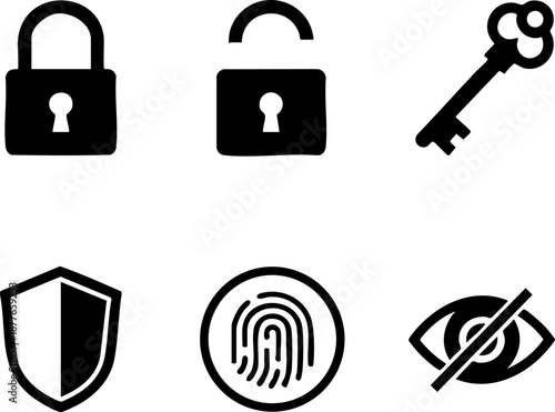 Set of 6 Minimalist Security Icons Flat Black Silhouettes Lock Key Shield Fingerprint