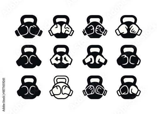 Boxing Fitness Icons. Boxing fitness workouts. Icon set. Set Logo of boxing fitness workouts: kettlebell for conditioning. harmonious logo variations of the