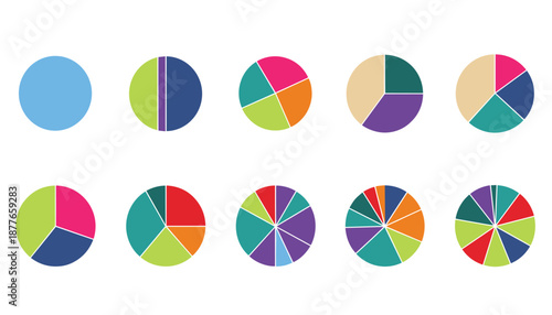 Progressive Pie Chart Set – Data Distribution from Single to Multi-Segment Visuals in Clean Style Vector 
