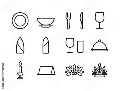 Holiday Feast Icon Set. Holiday feasts. Line icon set of table setting elements: dinner plate, soup bowl, fork, knife, spoon, napkin fold, wine glass, water
