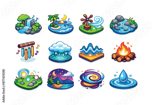 Colorful Soundscape Icons. Relaxing soundscapes. Colorful isometric vector icons set of relaxing soundscapes: rain forest mix, ocean lullaby, wind melody,