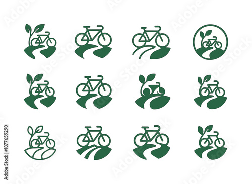 Sustainable Tourism Icons. Sustainable tourism. Icon set. Set Logo of sustainable tourism: bike and nature path. harmonious logo variations of the same