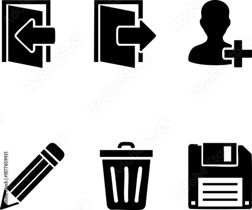 Set of 6 Minimalist UI Icons Flat Black Login Logout Register Edit Delete Save