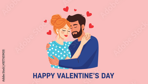 Romantic Love Concept Vector Featuring a Diverse Couple Hugging with Red Hearts on a Soft Pink Background for Holiday Banner 