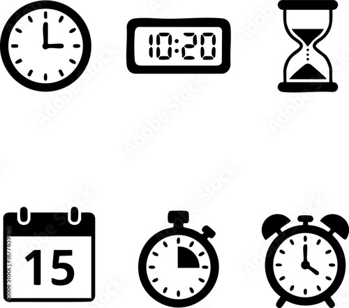 Set of 6 Minimalist Time Icons Flat Black Silhouettes Clock Calendar Hourglass Stopwatch