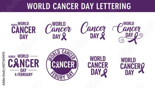 World Cancer Day Lettering Set – Purple Ribbon Designs and Awareness Typography for February 4 Vector 