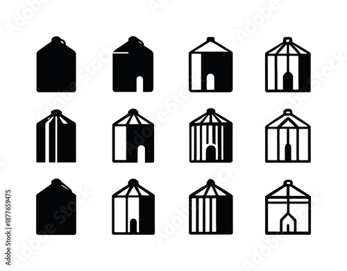 Grain Silo Logos. Grain silo. Icon set. Set Logo of grain silo: modern steel silo. harmonious logo variations of the same emblematic concept, each with