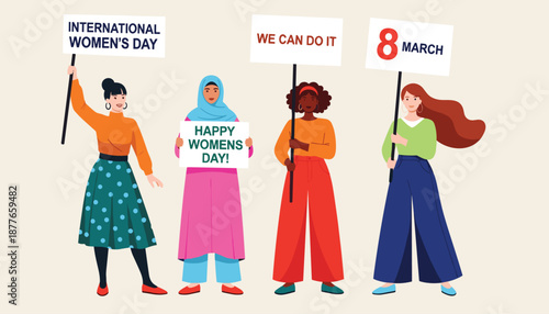 Diverse People Holding Signs for Women’s Day – Empowerment and Celebration in Colorful Style Vector 