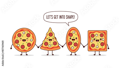 Cartoon Pizza Shapes Holding Hands – Funny Food Characters Promoting Geometry and Friendship Vector

