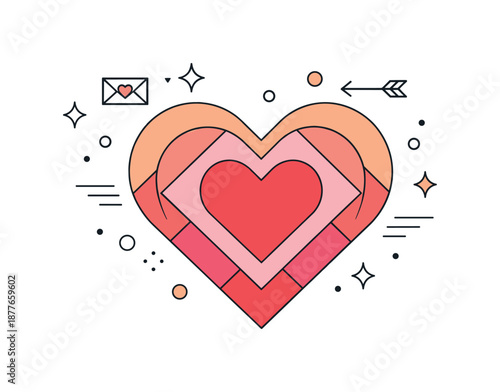 Geometric Heart Design. Geometric Valentine Background. A central heart made of layered geometric shapes, gently accented with stars and dots. Warm but