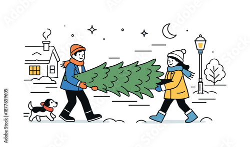 Carrying Christmas Tree. Carrying Christmas tree home street scene. People carrying a Christmas tree along a quiet street, light movement lines showing motion.