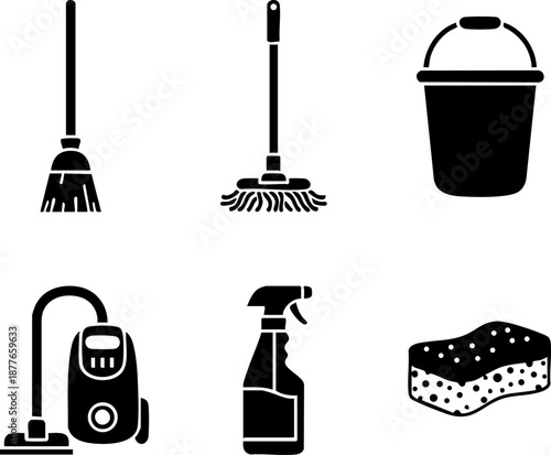 Set of 6 Minimalist Cleaning Icons Flat Black Silhouettes Broom Mop Vacuum Bucket