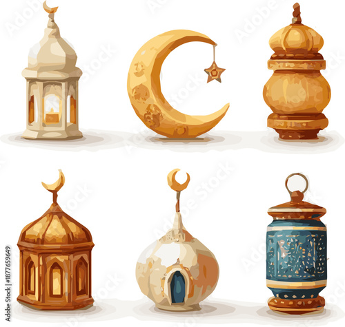 Isolated a kinds of deferent Muslim Islamic  elements vector art with white background.