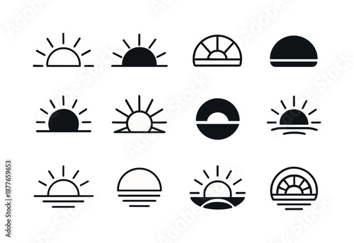 Sunrise Sunset Icon Set. Sunrise and sunset. Icon set. Set Logo of sunrise and sunset: rising sun horizon. harmonious logo variations: Minimal outline, Filled