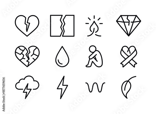 Heartbreak Icon Set. Heartbreak elements. Line icon set of Heartbreak elements: broken heart, torn paper, fading spark, cracked gem, shattered symbol, falling