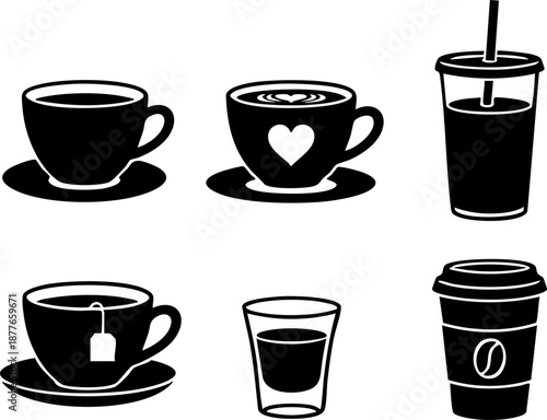 Set of 6 Minimalist Coffee Icons Flat Black Silhouettes Cup Mug Latte Takeaway