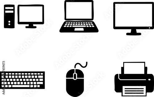 Set of 6 Minimalist Computer Hardware Icons Flat Black Desktop Laptop Monitor Keyboard