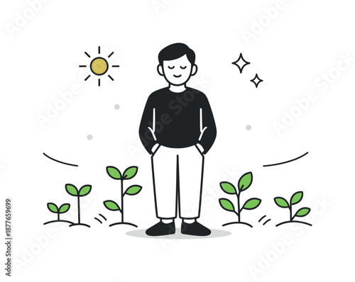 Hopeful Growth Illustration. Hope and renewal illustration. A person standing calmly as small green plants begin to grow around them. Quiet optimism, fresh