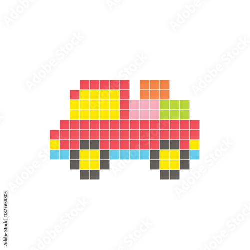 A flat pixel design made of geometric square color blocks on a clean icon layout. Pixel art pickup truck