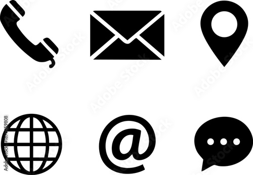 Set of 6 Minimalist Contact Icons Flat Black Phone Envelope Map Pin Globe Chat