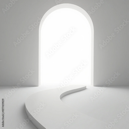 Minimalist White Arched Doorway with Winding Path Toward Bright Light