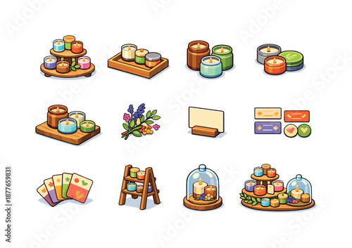 Eco Candle Showcase. Eco candle display. Colorful isometric vector icons set of eco candle display: tiered stand, display tray, candle jars, tin candles,