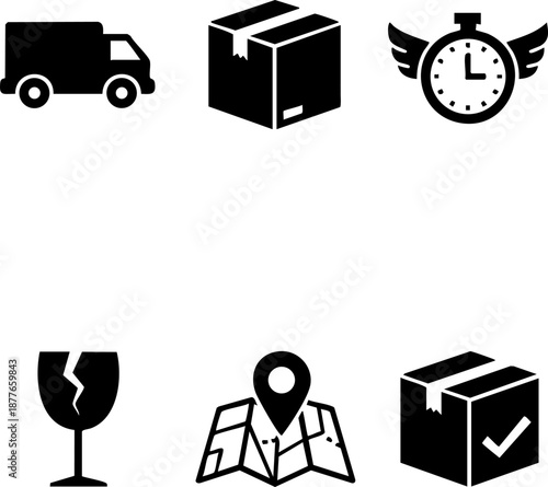 Set of 6 Minimalist Delivery Icons Flat Black Logistics Vectors Truck Box Fast Shipping Map