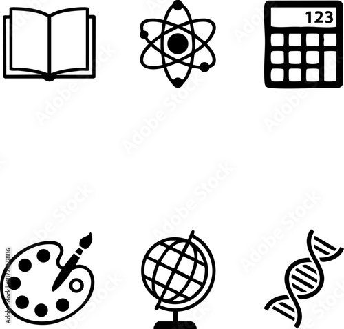 Set of 6 Minimalist Education Icons Flat Black School Subjects Book Atom Calculator Palette Globe DNA