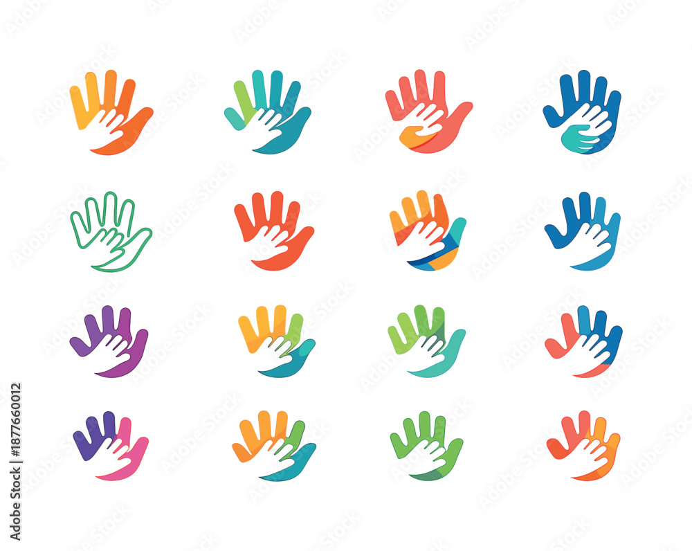 Fototapeta premium Parent-Child Icon Set. Parent-child connection. Icon set. Set Logo of parent-child connection: joined handprints. harmonious logo variations of the same
