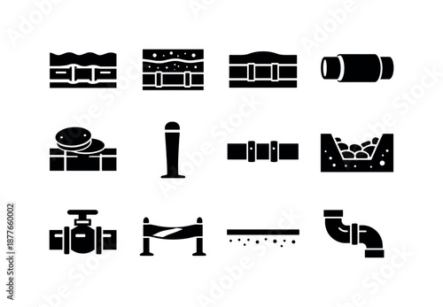 Underground Pipeline Icons. Underground pipeline. Solid icon set of Underground pipeline: buried pipe, soil layers, underground pipeline cross section, pipe