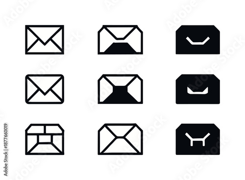 Inbox Icon Grid. Inbox architecture. Icon set. Set Logo of Inbox architecture: Modular digital inbox grid: Abstract geometric, Stylized detail, Negative space,