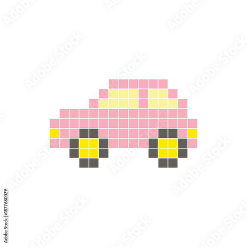 A flat pixel design made of geometric square color blocks on a clean icon layout. Pixel art car