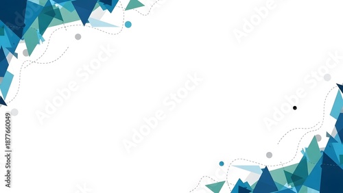 A pristine white background features abstract geometric patterns with blue and teal triangles dynamically framing the corners, offering ample copy space.