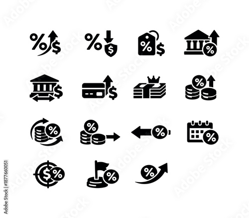 Interest Rates Icon Set. Interest rate concepts. Solid icon set of Interest rate concepts: nominal rate, real rate, discount rate, refinancing rate, federal