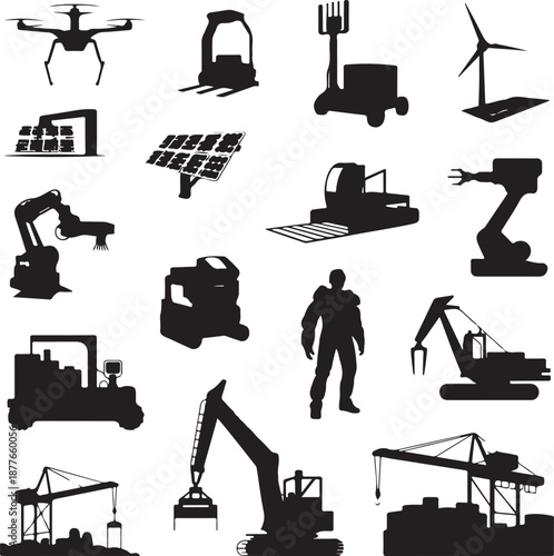 collection of black silhouettes of industrial machines and vehicles on white background