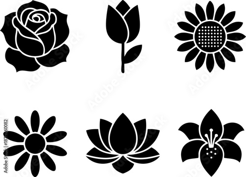 Set of 6 Minimalist Flower Icons Flat Black Silhouettes Rose Tulip Sunflower Lotus