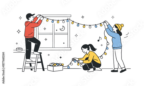 Decorating with Care. Hanging Christmas lights. People carefully placing lights along a wall or window, working together calmly. Cozy seasonal preparation and