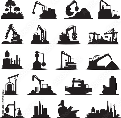 collection of black silhouettes of various industrial machines and constructions