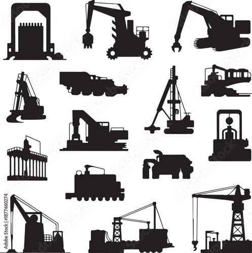 collection of construction vehicles and machinery silhouettes