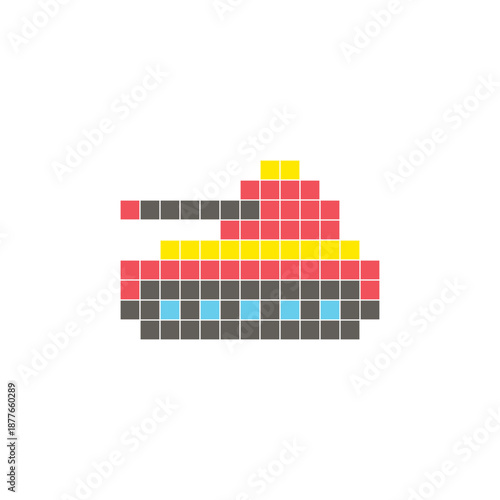 A flat pixel design made of geometric square color blocks on a clean icon layout. Pixel art tank