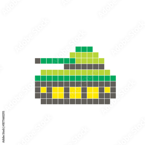 A flat pixel design made of geometric square color blocks on a clean icon layout. Pixel art tank