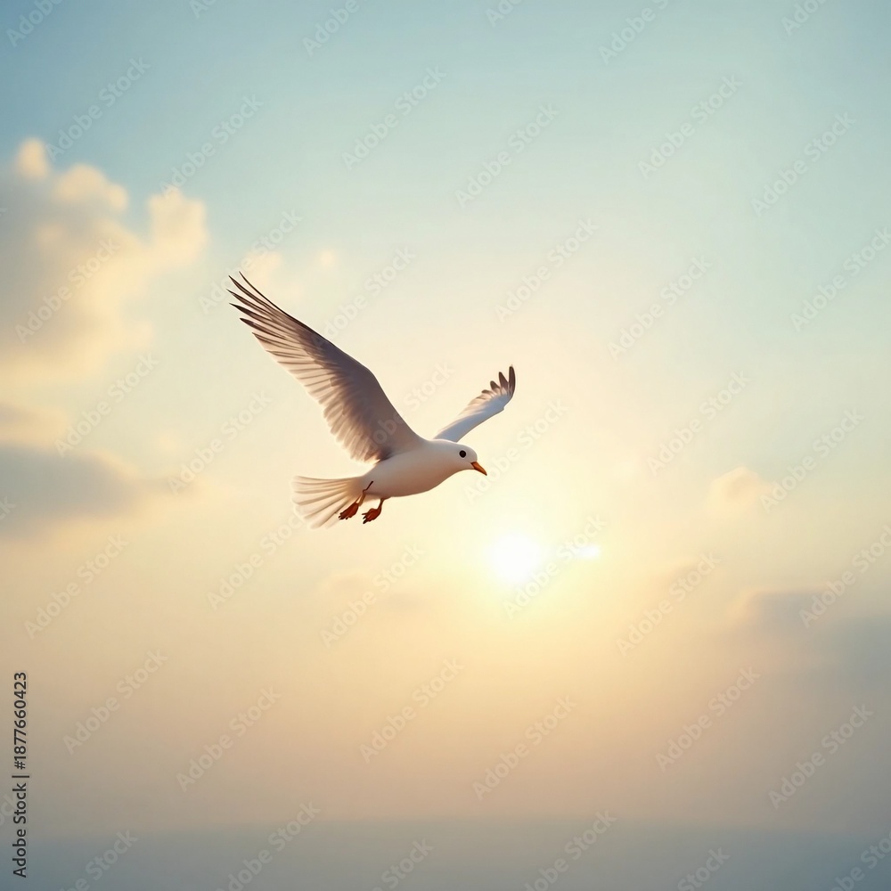 Fototapeta premium White Seagull Gliding Gracefully Through a Soft Sunset Sky