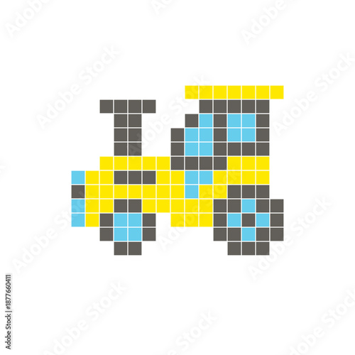 A flat pixel design made of geometric square color blocks on a clean icon layout. Pixel art tractor