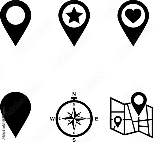 Set of 6 Minimalist Map Icons Flat Black Silhouettes Location Pins Compass Folded Map