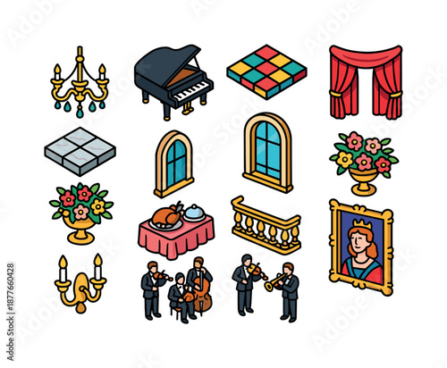 Ballroom Icons Collection. Ballroom. Colorful isometric vector icons set of ballroom: chandeliers, grand piano, dance floor, marble tiles, arched windows,