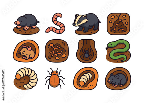 Underground Animal Icons. Underground animals. Colorful isometric vector icons set of underground animals: mole, earthworm, badger, ground beetle, burrowing